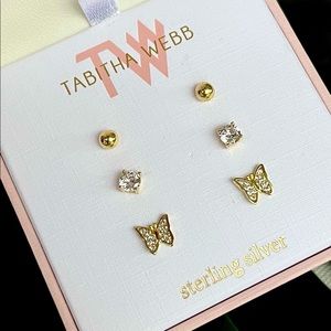 TABITHA WEBB Sterling Silver set of 3 pair stud earrings butterfly cz